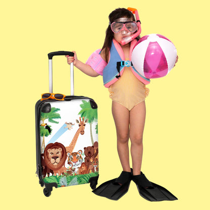 NoBoringSuitcases.com® Kids' carry-on suitcase featuring fun trolli gifts inspired jungle design with a tiger and lion. Dimension: 55x35x20cm.