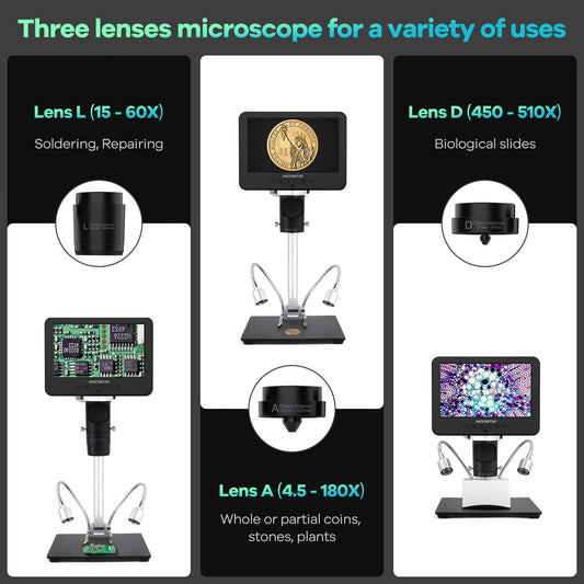 Andonstar AD246-M Digital Microscope, with 3 lenses, 1080P FHD video recording, 7-inch LCD 500x, soldering microscope, biological microscope kit with 32G card, prepared slides.