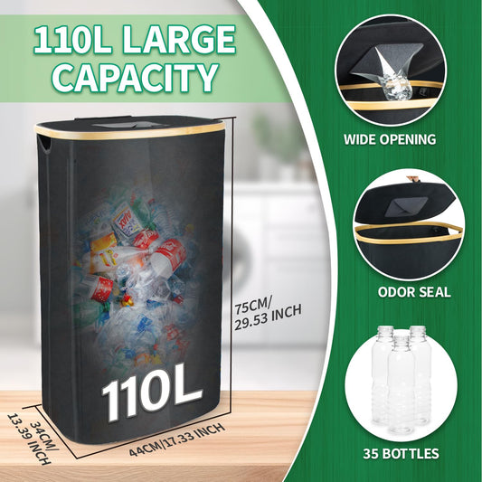 MOWETOO 110L deposit bottle collection container with lid & 2 detachable carrying bags, large deposit bottle storage, container for empty bottles & used glass storage, kitchen pantry bottle bag.