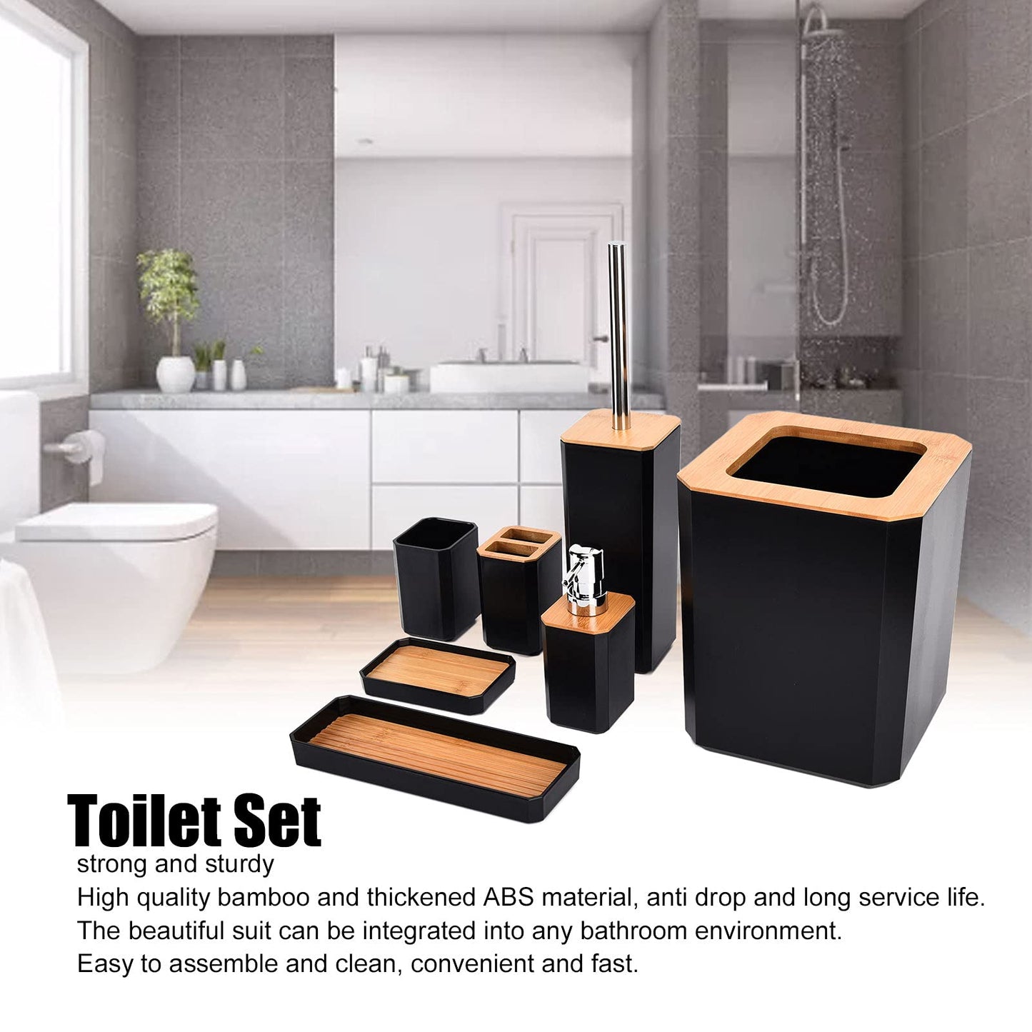 Serlium 7-Piece Bathroom Accessory Set, Bamboo ABS Toothbrush Cup Set, Soap Dispenser Set with Lotion Pump, Trash Can, Toothbrush Holder, Toilet Brush, and Soap Dish for Home Hotel