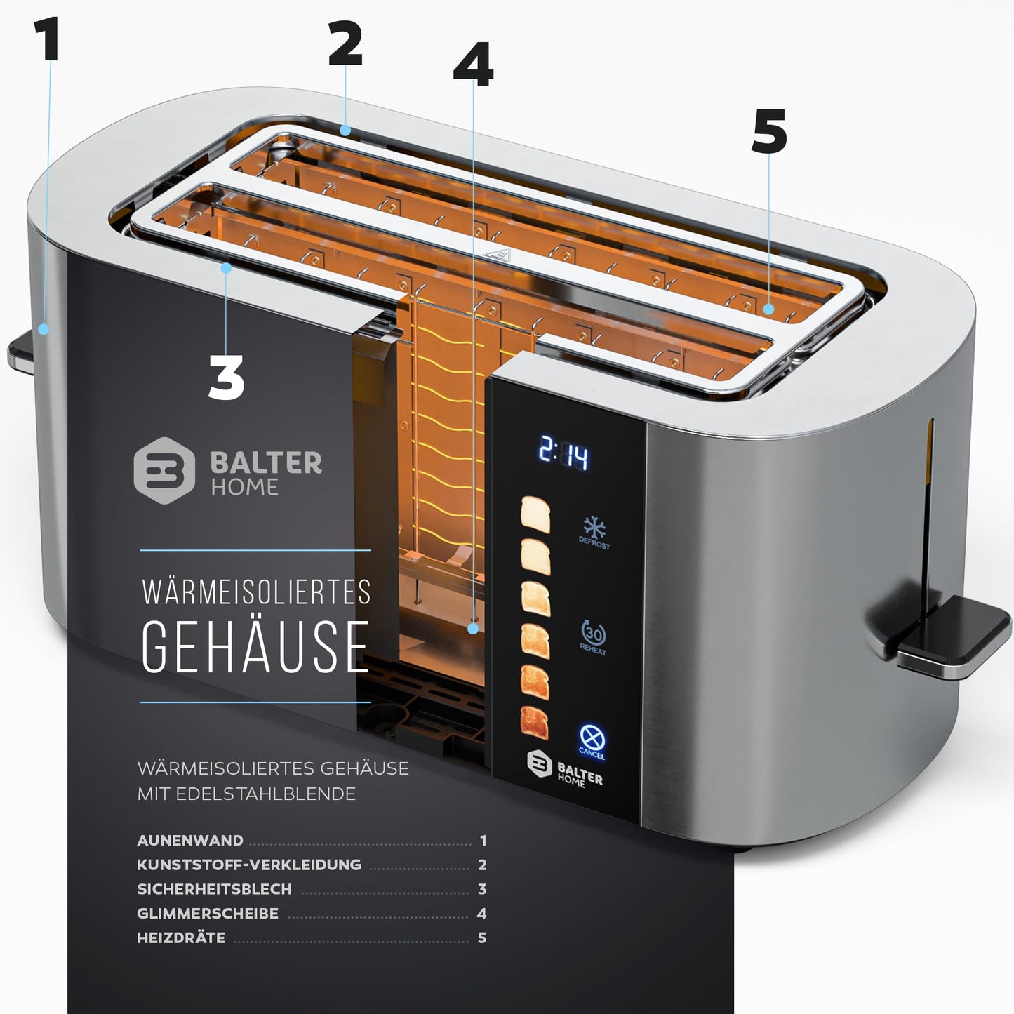 Balter 4-Slice Toaster, Touch Control, Long Slot, Stainless Steel, Bun Warmer, LCD Display, Defrost Function, Bread Centering, TS-34