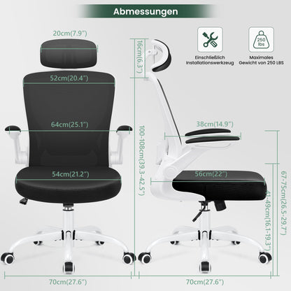 KERDOM Office Chair Desk Chair Ergonomic, Executive Chair with Adjustable Headrest, Armrests, Swivel Chair Tilt Function up to 135° Office Chair 150 kg White