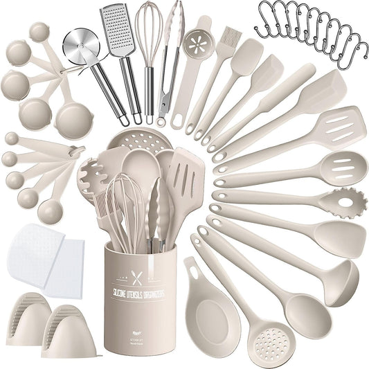 43-piece silicone kitchen utensil set, heat-resistant cookware with utensil holder, non-stick cooking set kitchen utensils, dishwasher safe - khaki