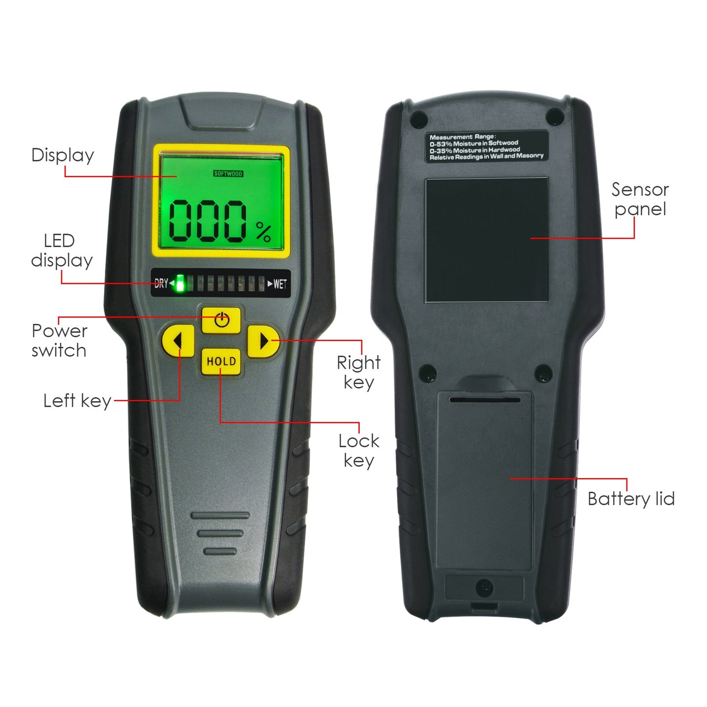 4-in-1 moisture meter without pins with digital LCD display featuring tricolor graphics for drywall, masonry, softwood, and hardwood with auto calibration & alarm.