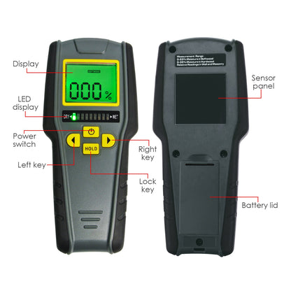 4-in-1 moisture meter without pins with digital LCD display featuring tricolor graphics for drywall, masonry, softwood, and hardwood with auto calibration & alarm.