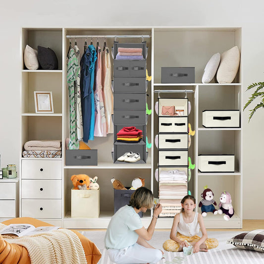 VERONLY hanging shelf with 7 compartments hanging organizer wardrobe organizer hanging storage fabric with 5 drawers and 8 mesh pockets foldable storage system for bedroom, camper camping (gray)