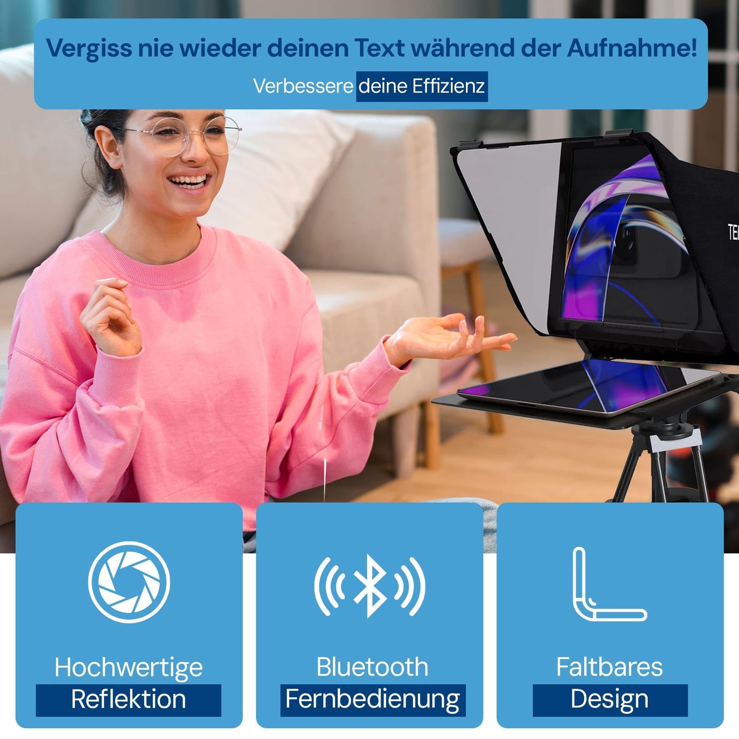 Leeventi Teleprompter compatible with iPad, tablet, smartphone, and DSLR camera. Control via remote or app. Compatible with Android and iOS. Great for video recordings (Version 4.0).
