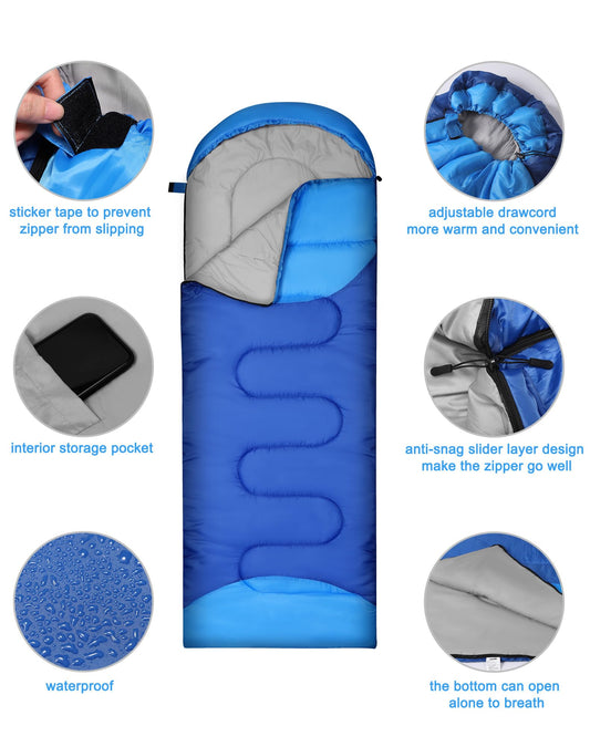 Outdoor camping 4-season sleeping bag for adults. 2-in-1 function as a blanket. Warm, lightweight, waterproof for backpacking, hiking, and travel. 220 x 80 cm.