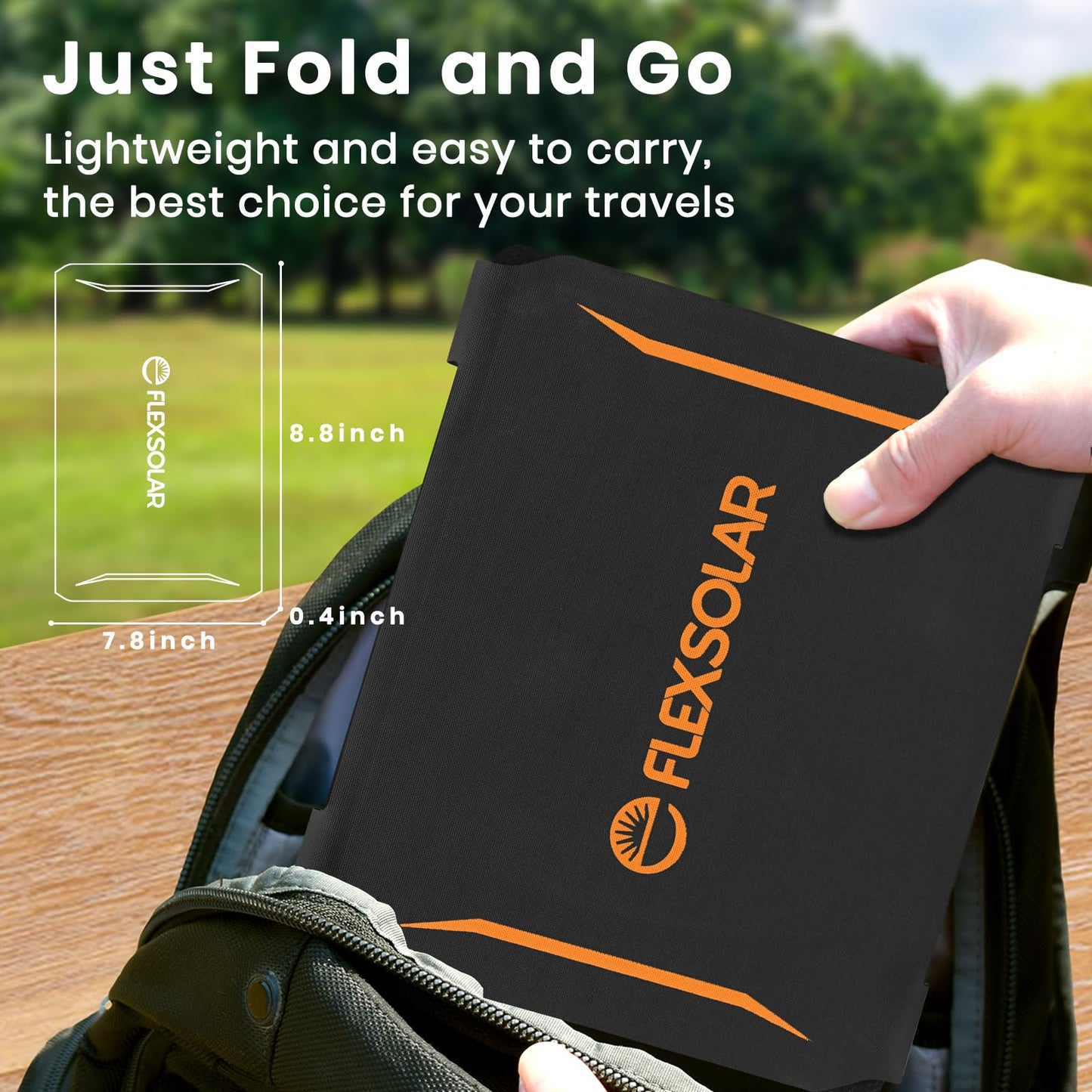 FlexSolar 15W portable solar panel charger (5.5V/2.9A max), waterproof, foldable, IP67, with USB port, compatible with iPhone Xs/X/8/7, iPad, camping, backpacking