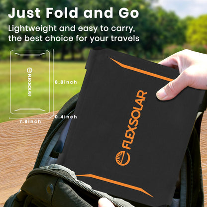 FlexSolar 15W portable solar panel charger (5.5V/2.9A max), waterproof, foldable, IP67, with USB port, compatible with iPhone Xs/X/8/7, iPad, camping, backpacking