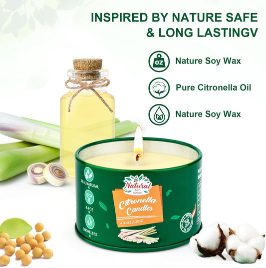 Citronella candles outdoor large, 4x125g citronella candle outside-120hrs burning time lemon candles garden, natural soy wax lemon scented candles set for camping patio picnics summer gift