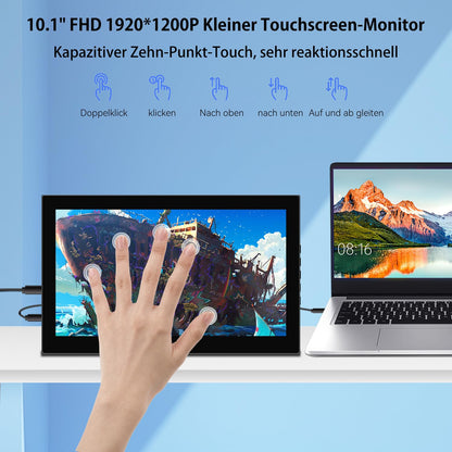 Portable Touchscreen Monitor, 10.1 inch portable touchscreen monitor with Full HD 1920x1200 IPS screen, HDMI USB-C external monitor for PC, laptop, computer, PS4, PS5, Xbox, Ras Pi.