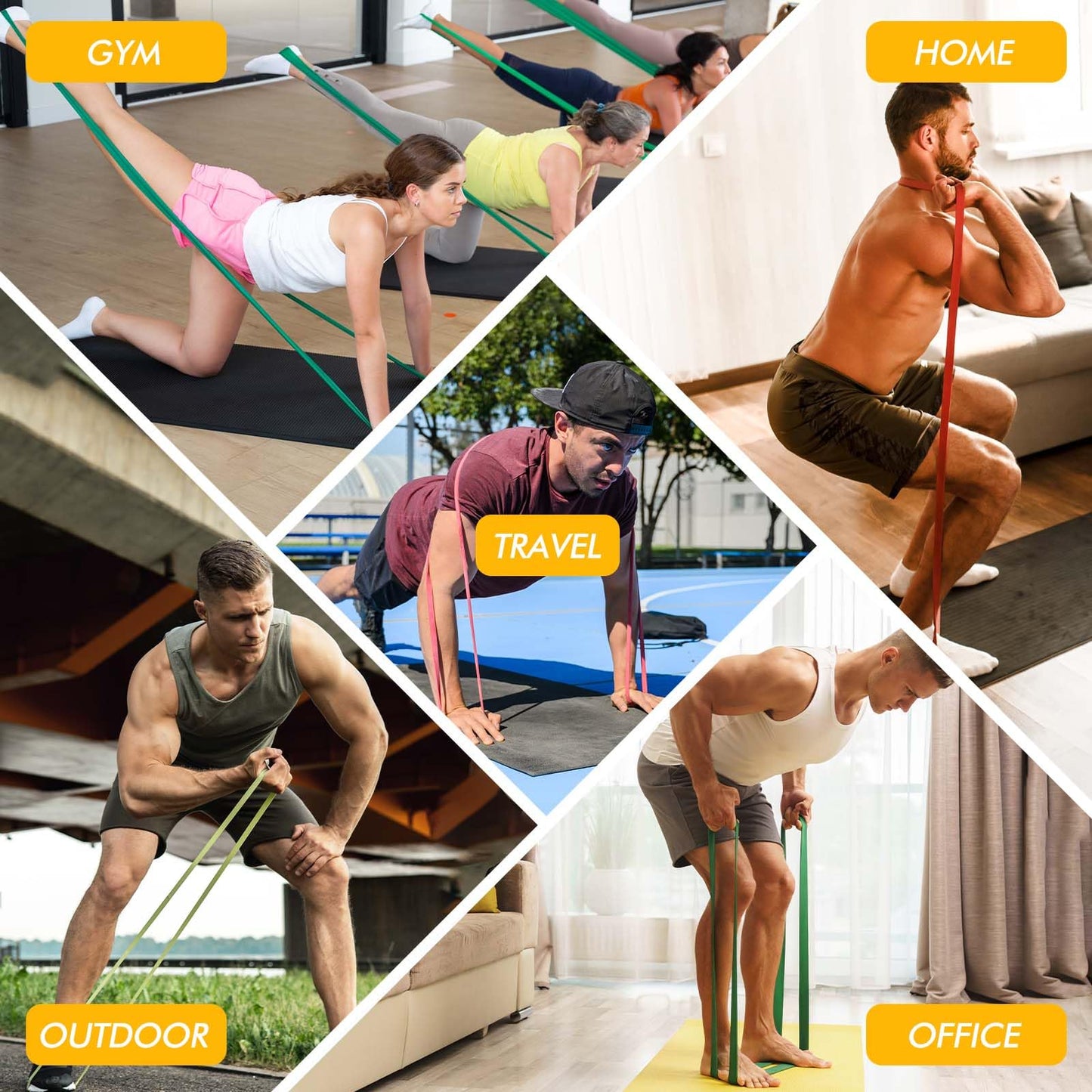 Resistance bands set by HANSPY, suitable for men and women. Includes pull-up assistance bands for strength training, home workouts, physiotherapy, yoga. Comes with door anchor, carrying bag, and workout guide.