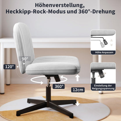 naspaluro office chair without armrests, desk chair with fabric cover, reading chair with wider cushion for sitting cross-legged, rocking function, height adjustable, 360° swivel chair for home, gray