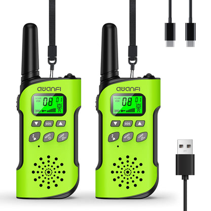 AWANFI Walkie Talkie for Kids, ages 3-12, rechargeable with Li-ion battery, radio set, walkie talkie with VOX, LCD flashlight, keypad lock, perfect gift for camping adventures.