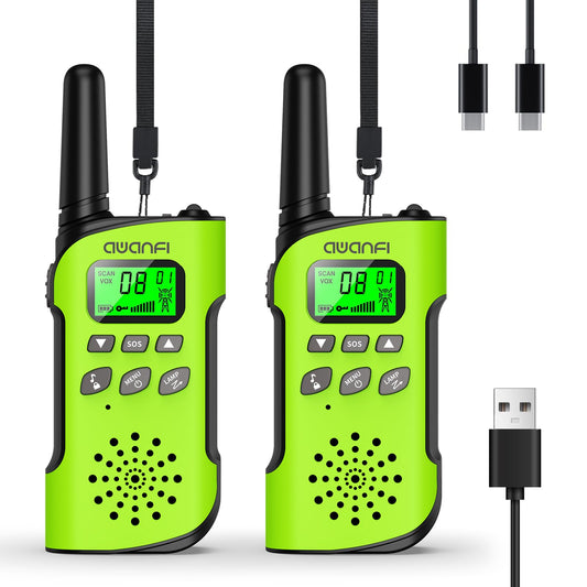 AWANFI Walkie Talkie for Kids, ages 3-12, rechargeable with Li-ion battery, radio set, walkie talkie with VOX, LCD flashlight, keypad lock, perfect gift for camping adventures.