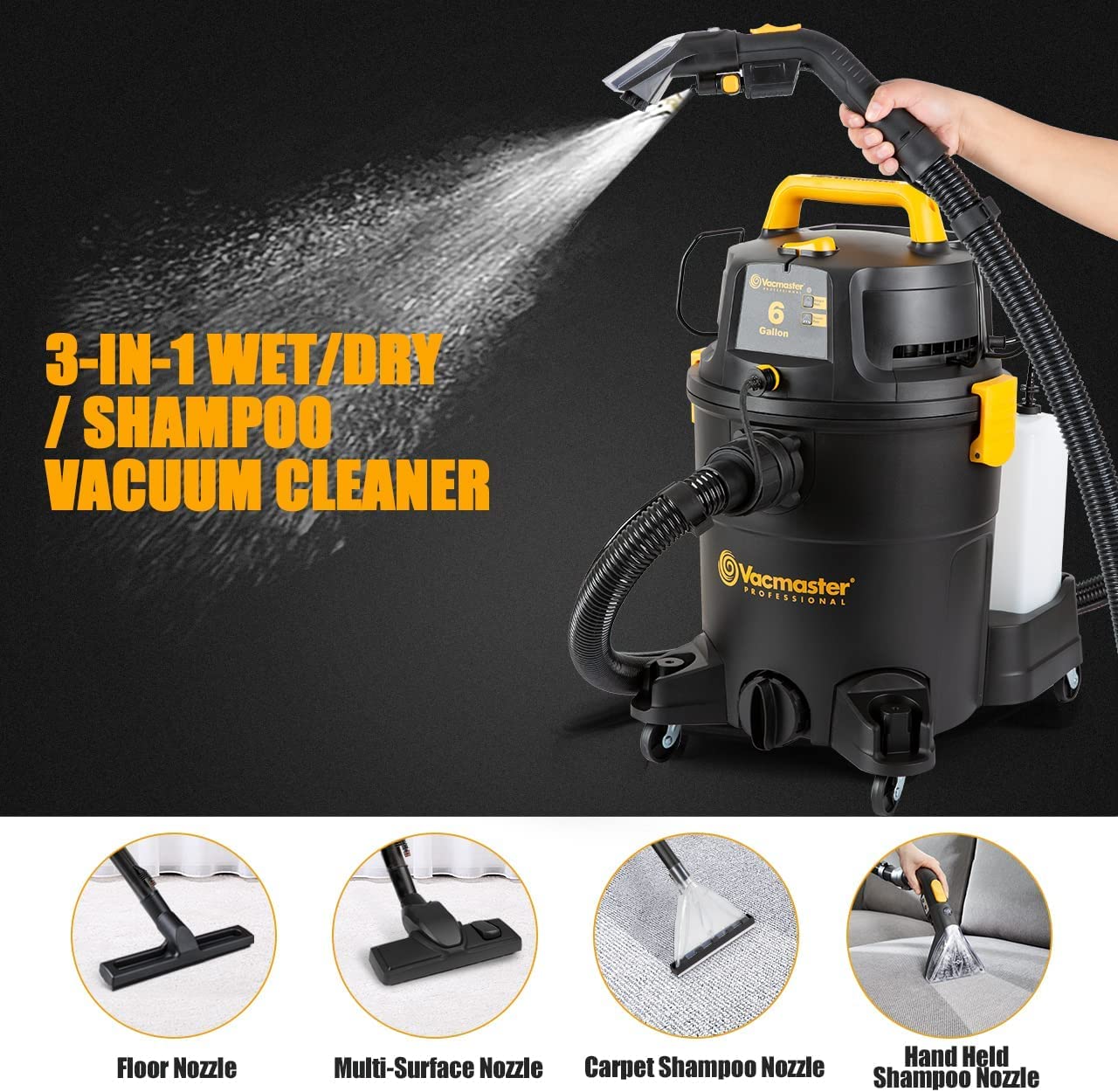Vacmaster VK1323PFR 1300W 23L 3-in-1 wet/dry vacuum cleaner with dual-tank design, floor cleaner for hard floors carpets, carpet cleaning machine.