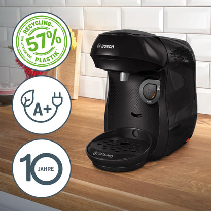 Bosch Tassimo happy friendly capsule machine TAS102EA, over 70 drinks, suitable for all cup sizes, auto-off function, sustainable, includes descaling tablets, compact design, 1400 W, black