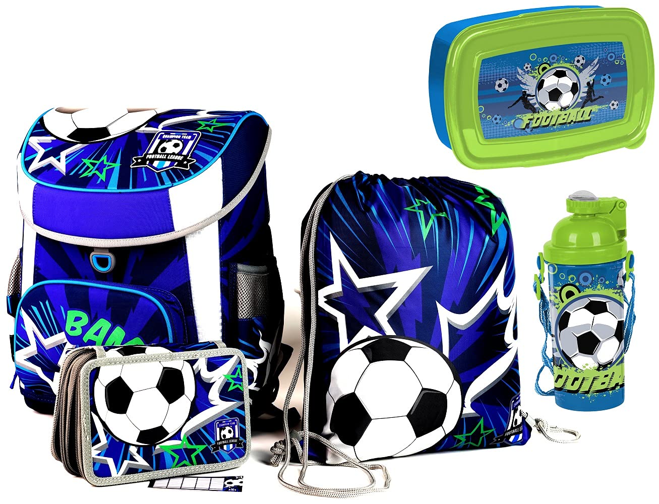 Football school bag ergonomic + anatomical school backpack | with reflectors satchel | elementary school | VERY LIGHT | 5-piece set | including gym bag, pencil case, lunch box, water bottle