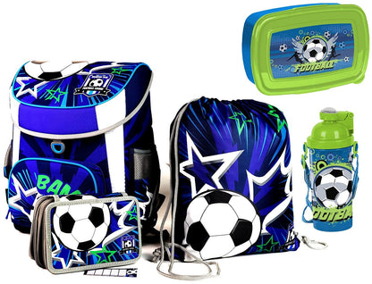 Football school bag ergonomic + anatomical school backpack | with reflectors satchel | elementary school | VERY LIGHT | 5-piece set | including gym bag, pencil case, lunch box, water bottle