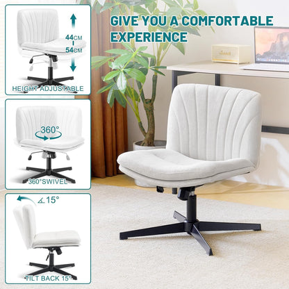 Office chair without armrests, height adjustable armless desk chair, rocking function, crossed comfortable swivel chair, ergonomic makeup chair, 360° tailor seat (White Linen)