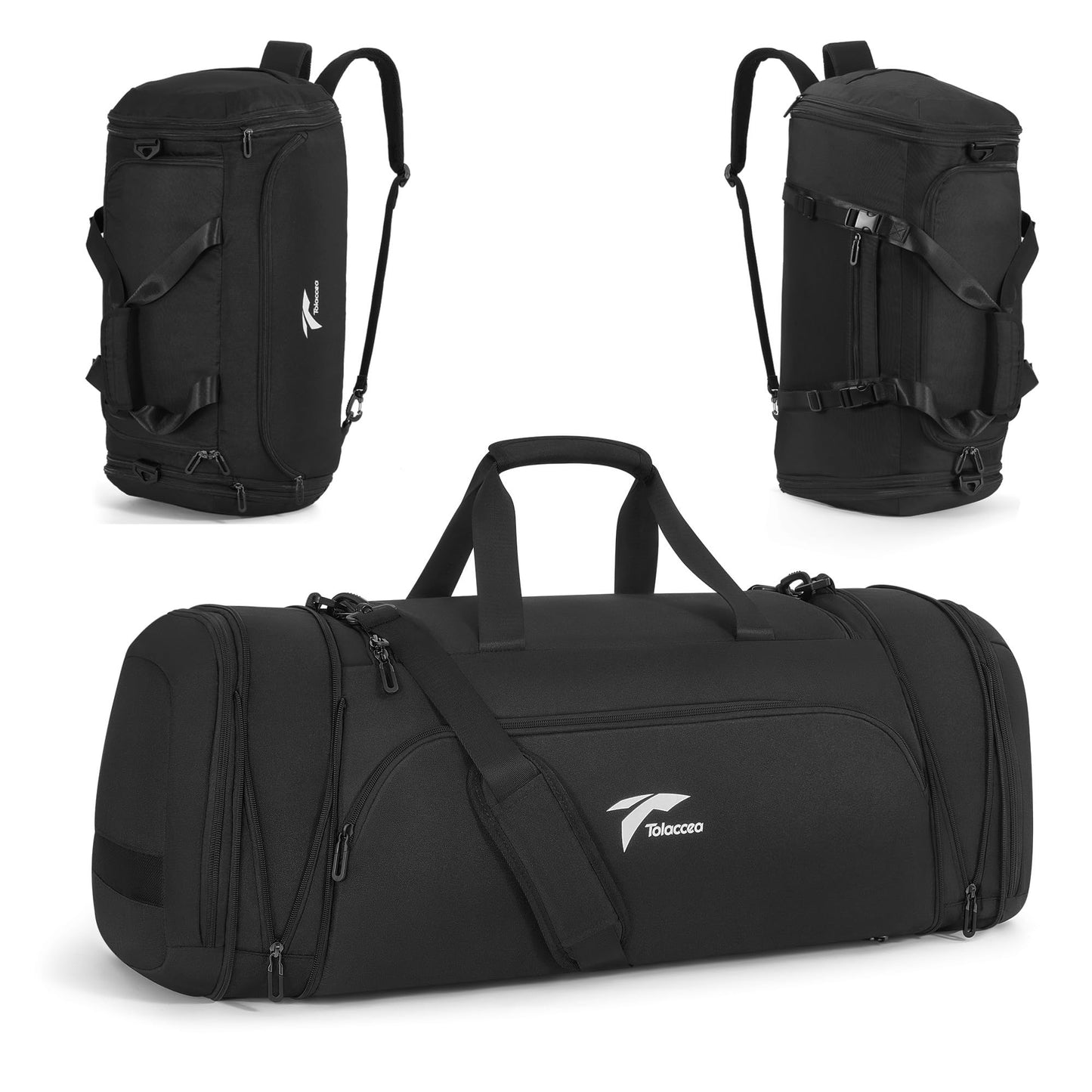 Tolaccea 54L-72L Expandable Sports Bag for Men, Women, Large Travel Backpack with Shoe Compartment, Fitness Training Bag for Gym, Travel, Swimming, Sauna, Soccer (Black)