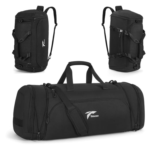Tolaccea 54L-72L Expandable Sports Bag for Men, Women, Large Travel Backpack with Shoe Compartment, Fitness Training Bag for Gym, Travel, Swimming, Sauna, Soccer (Black)