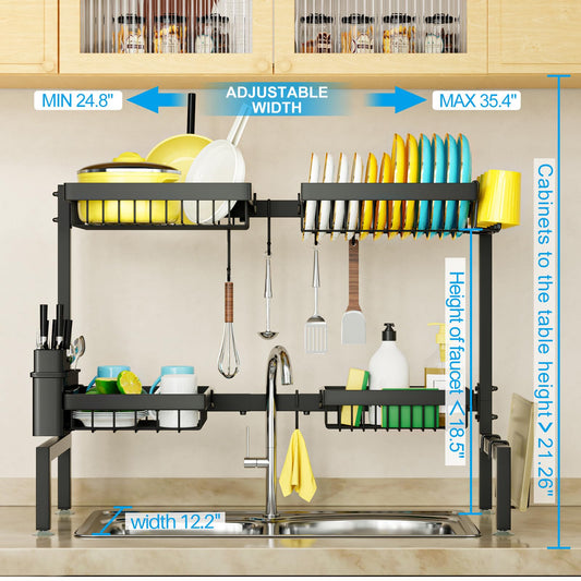 SNSLXH 3-tier dish drying rack with 6 baskets, 63-89.9 cm, sink dish drying rack, large kitchen sink shelf, extendable and adjustable, saves space in the kitchen.