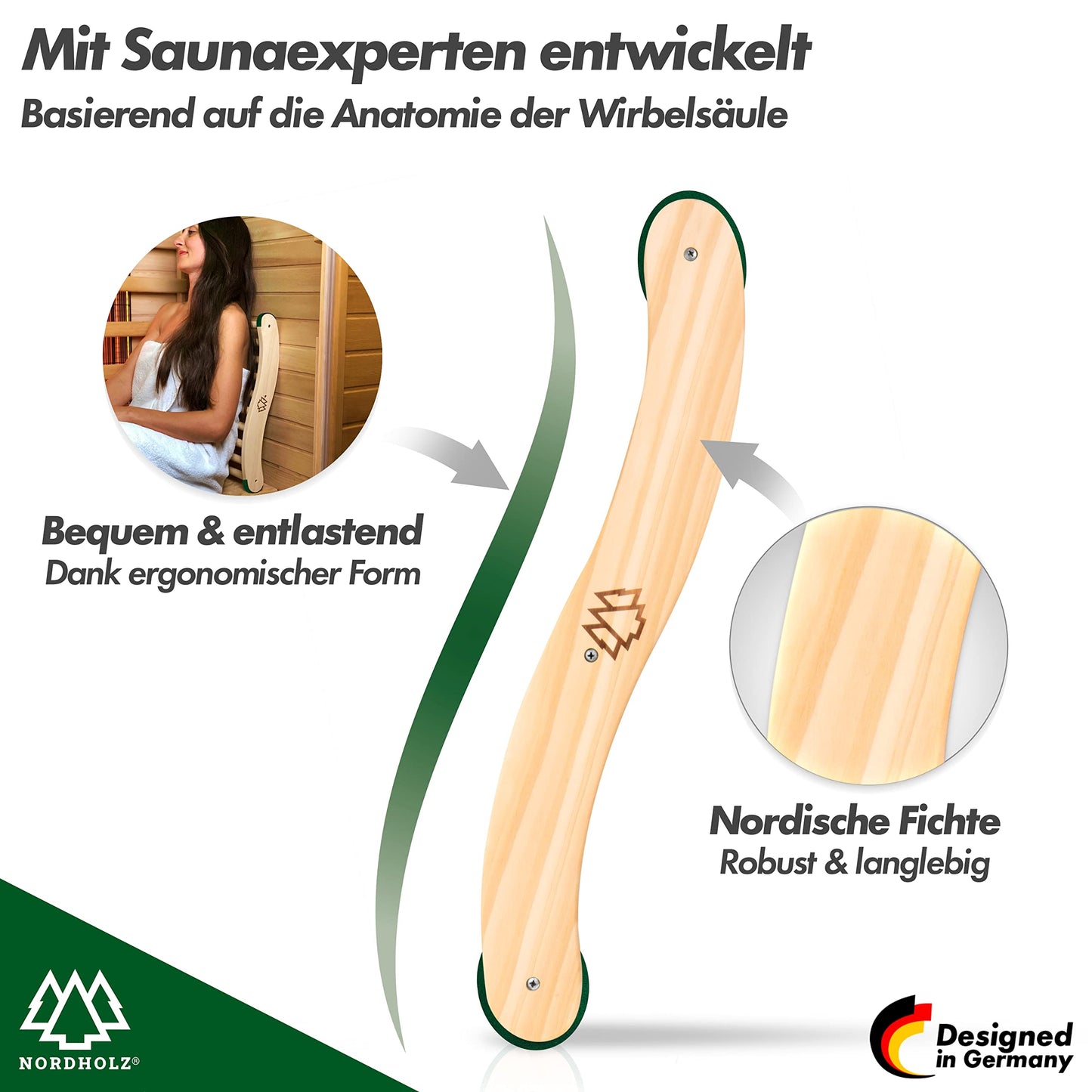 Nordholz® Sauna Backrest ergonomic - The perfect back support for immediate comfort - Sauna accessory made from 100% Nordic spruce for infrared cabin - Wood backrest sauna accessory
