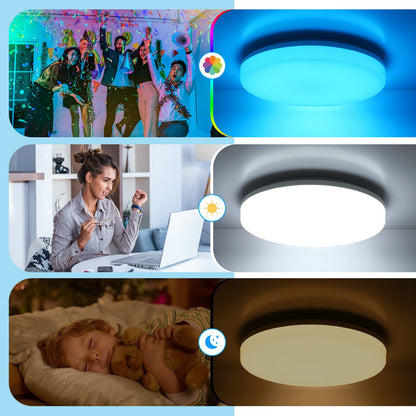 RGB LED ceiling light dimmable with remote control, 36W 3600LM ceiling lamp color change with 7 colors, IP54 waterproof bathroom light for living room, bedroom, children's room, bathroom hallway φ33*4.8cm
