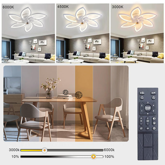 LED ceiling fan with lighting, 48W dimmable ceiling light with fan remote control APP 3 color temperature 6 speeds Quiet ceiling fan for bedroom living room dining room (White, 70cm)