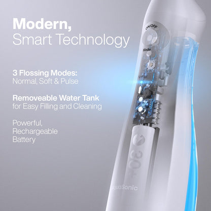 Aquasonic Aqua Flosser - Professional Rechargeable Water Flosser with 4 Tips - Oral Irrigator with 3 Modes - Portable & Cordless Flosser (White)