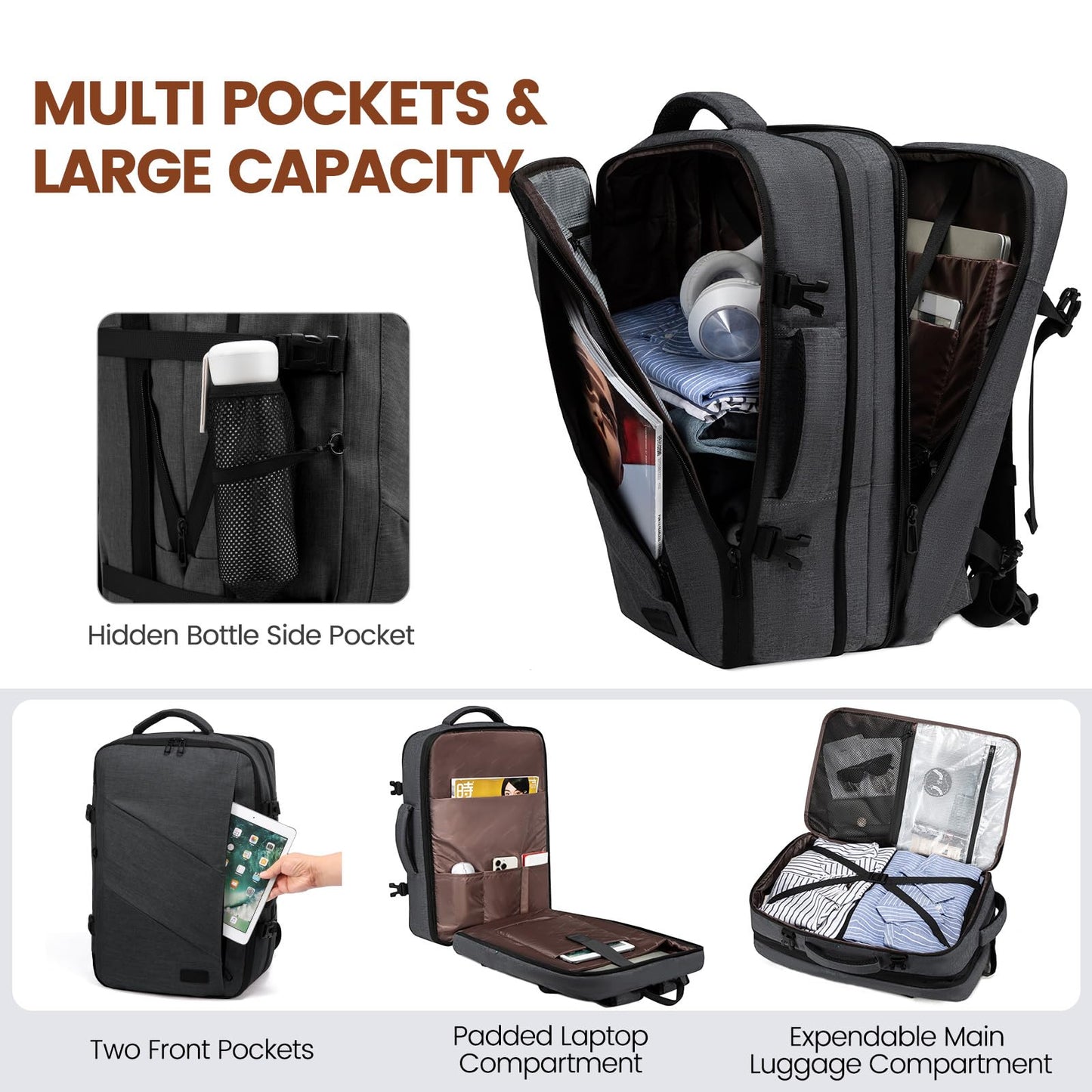 LOVEVOOK Travel Backpack for Airplane, Laptop Backpack for 17.3 inch, Expandable Carry-On Backpack for Men Women, Large 30L-40L Business Travel Backpack for Weekender, Gray
