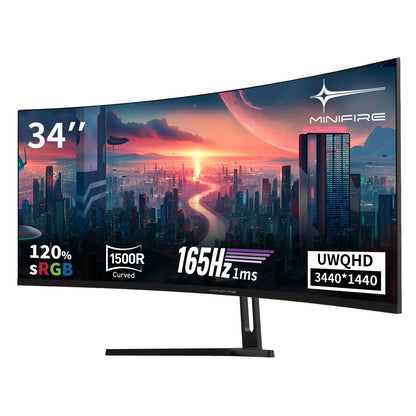Minifire 34" UWQHD Curved Gaming Monitor with 165Hz (DP), 3440 x 1440 resolution, Curved 1500R, 1ms MPRT, Pip/PBP, FreeSync, HDR, 300nits brightness, sRGB 125%, DCI-P3 95%, VA Panel, 2x HDMI 2.1 (TMDS) and 1x DP 1.4 Ports. MFG34C5Q