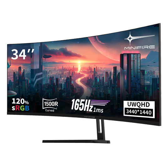 Minifire 34" UWQHD Curved Gaming Monitor with 165Hz (DP), 3440 x 1440 resolution, Curved 1500R, 1ms MPRT, Pip/PBP, FreeSync, HDR, 300nits brightness, sRGB 125%, DCI-P3 95%, VA Panel, 2x HDMI 2.1 (TMDS) and 1x DP 1.4 Ports. MFG34C5Q