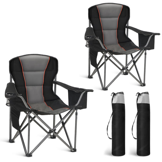 HIGH POINT SPORTS Folding Camping Chair 2-Pack 440lbs Foldable Padded Chair with Cup Holders XXL Folding Fishing Chair with Armrests Outdoor Chair Black
