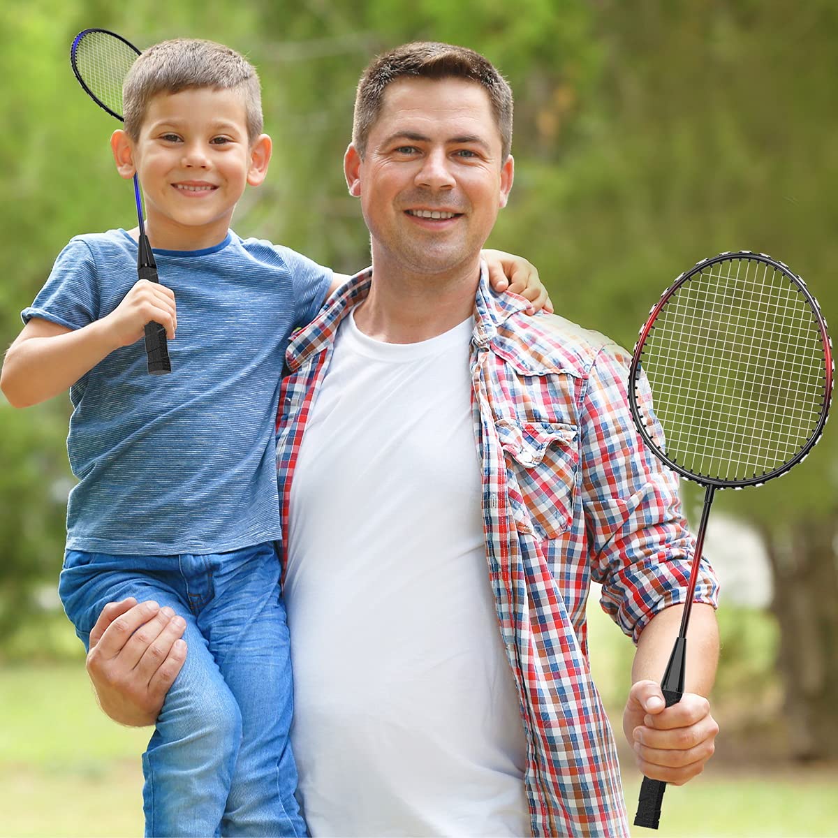 KH Badminton racket set for 2-4 players, for adults and kids, perfect for family backyard sport games. Includes rackets, shuttlecocks, and carrying case.