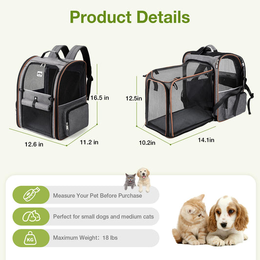 Lekebobor Cat Backpack Carrier, expandable pet carrier backpack for small dogs, medium cats, up to 18 lbs, dog backpack carrier, hiking, outdoor use