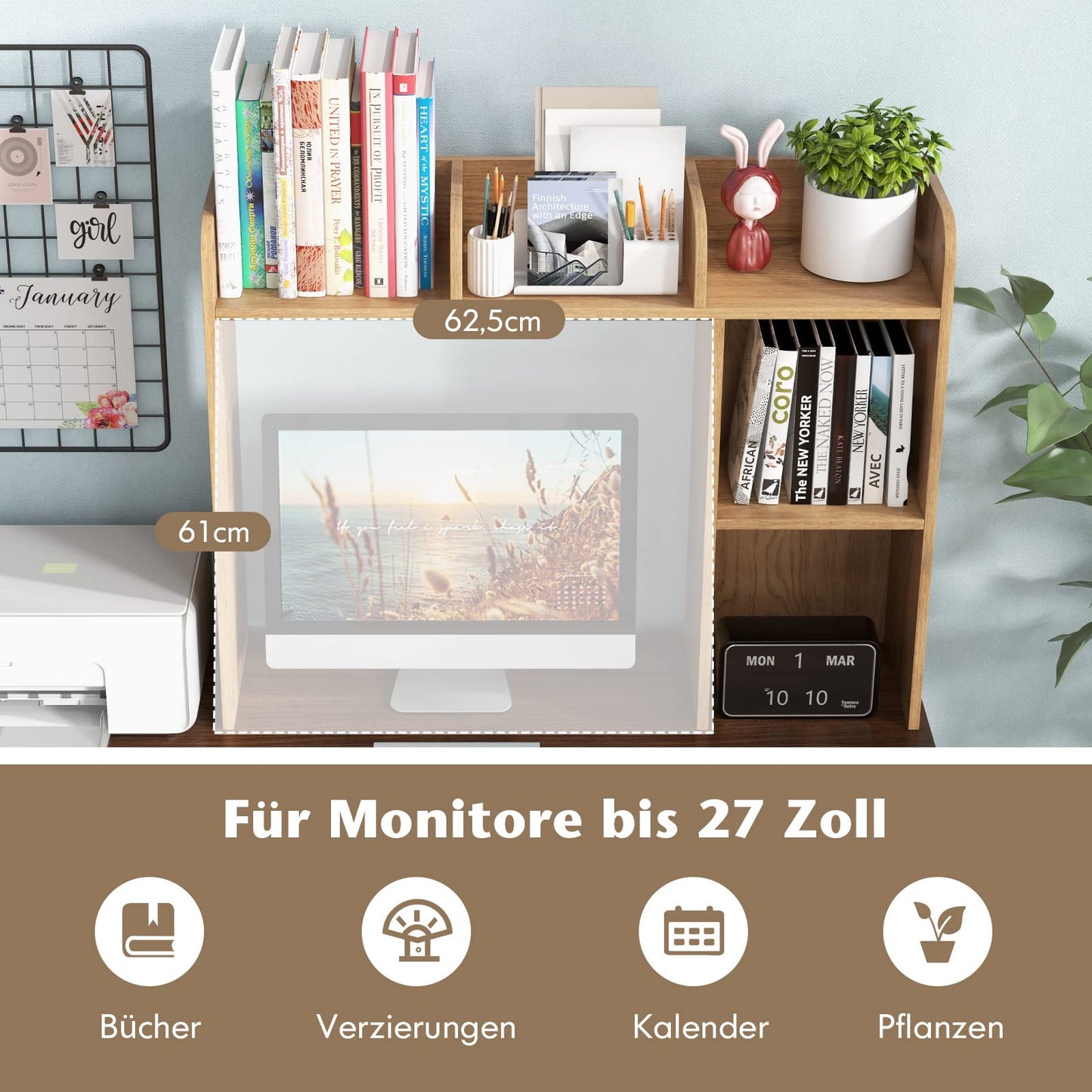 COSTWAY Desk Shelf, Table Shelf with 4 shelves and open compartment, storage system, multipurpose desk organizer, 94 x 25 x 74 cm (Natural)