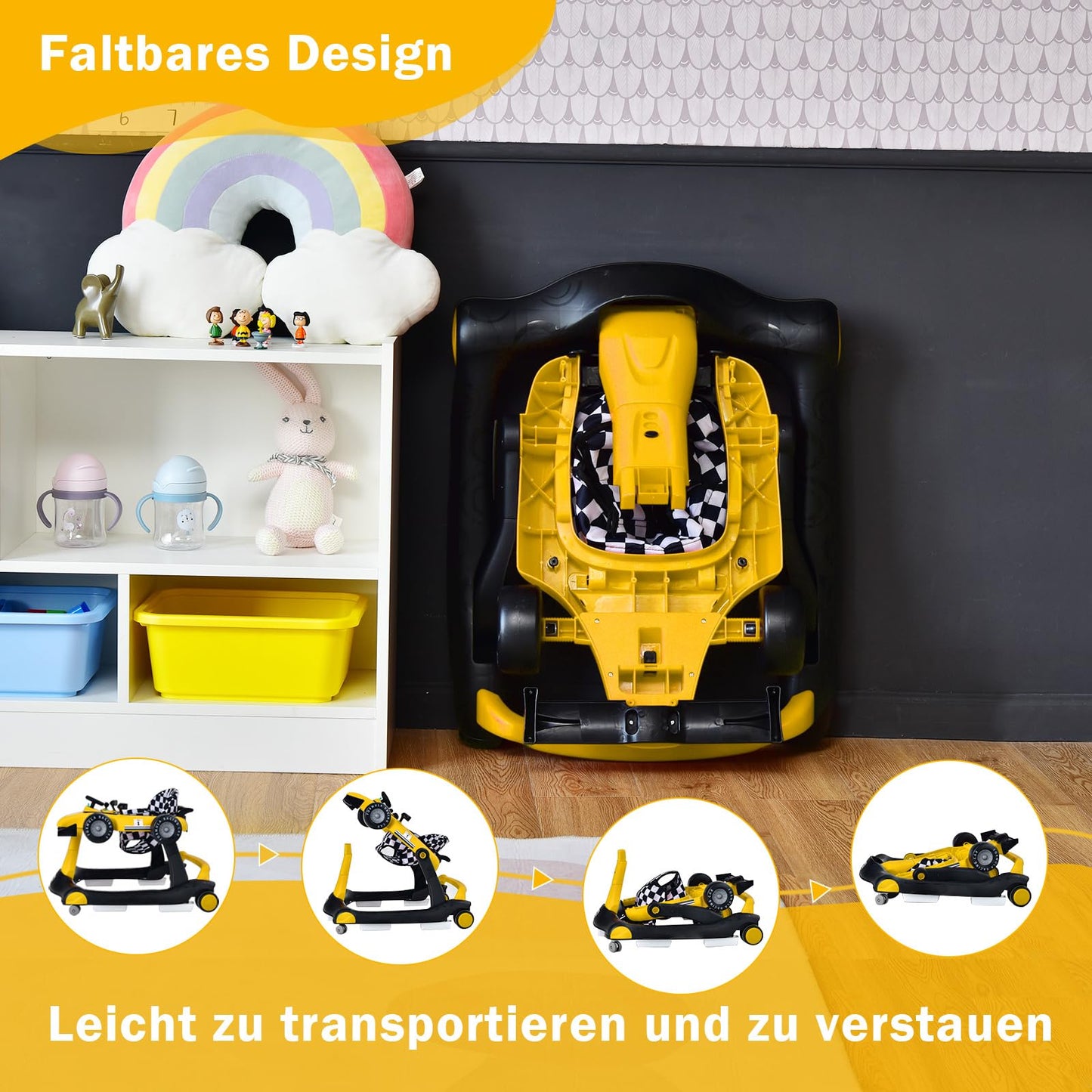COSTWAY 4 in 1 baby walker, foldable with adjustable height & speed, car-shaped design with music box, lights & wheels, suitable for babies from 6 months, can hold up to 12kg weight (yellow)
