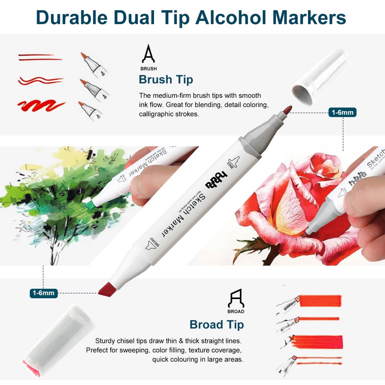 hhhouu 100 Color Alcohol Markers, Dual Tip Pens for Adult Artists, Designers, Illustration, Architecture, and Creative Projects MH-100W