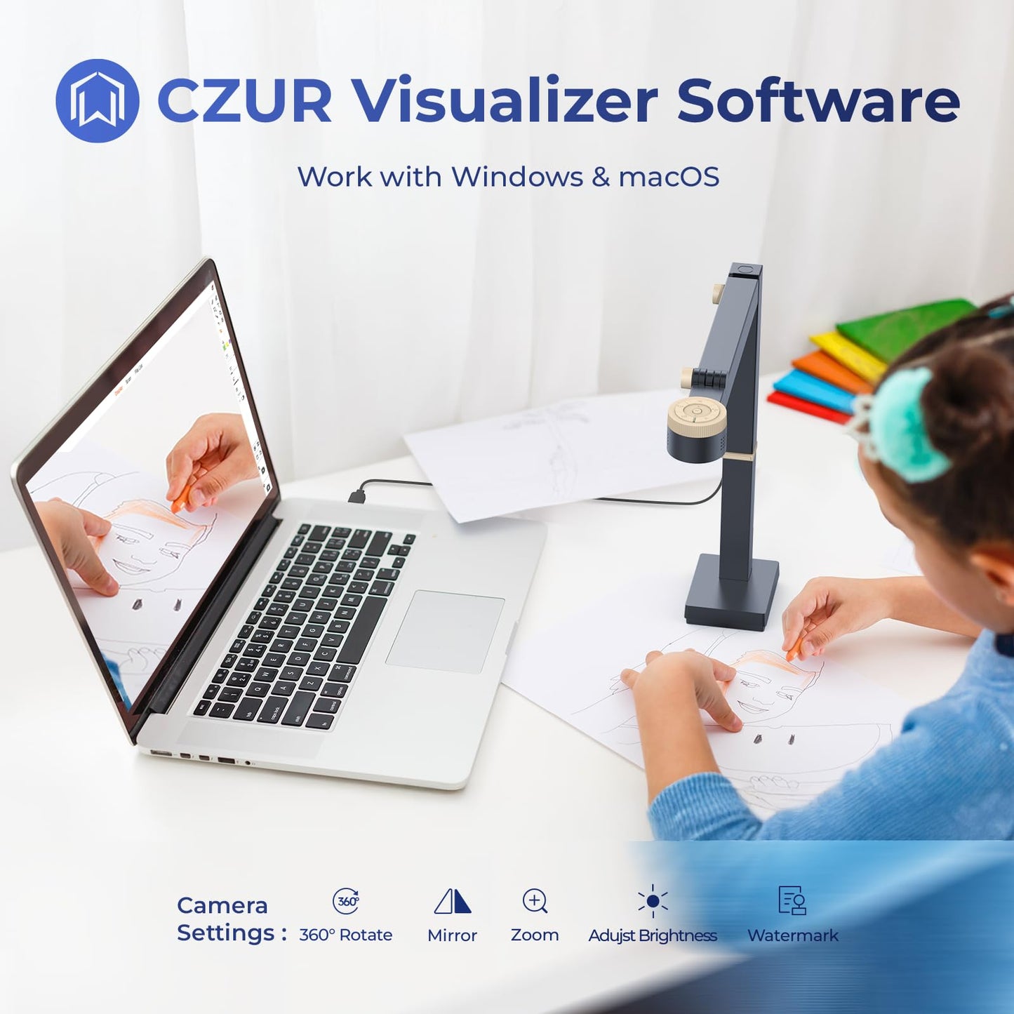 CZUR 12MP USB document camera with 4K resolution, Dual-Auto-Focus, 60FPS, A3 size, LED light, MIC, Rotate, Mirror functions. Foldable visualizer for macOS and Windows. Fancy S Pro.