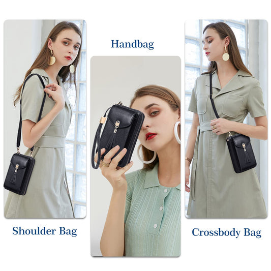 BTNEEU crossbody phone purse for women is made of leather with RFID protection. It features 12 card slots, adjustable shoulder strap, and can hold your phone and wallet securely. Available in black.