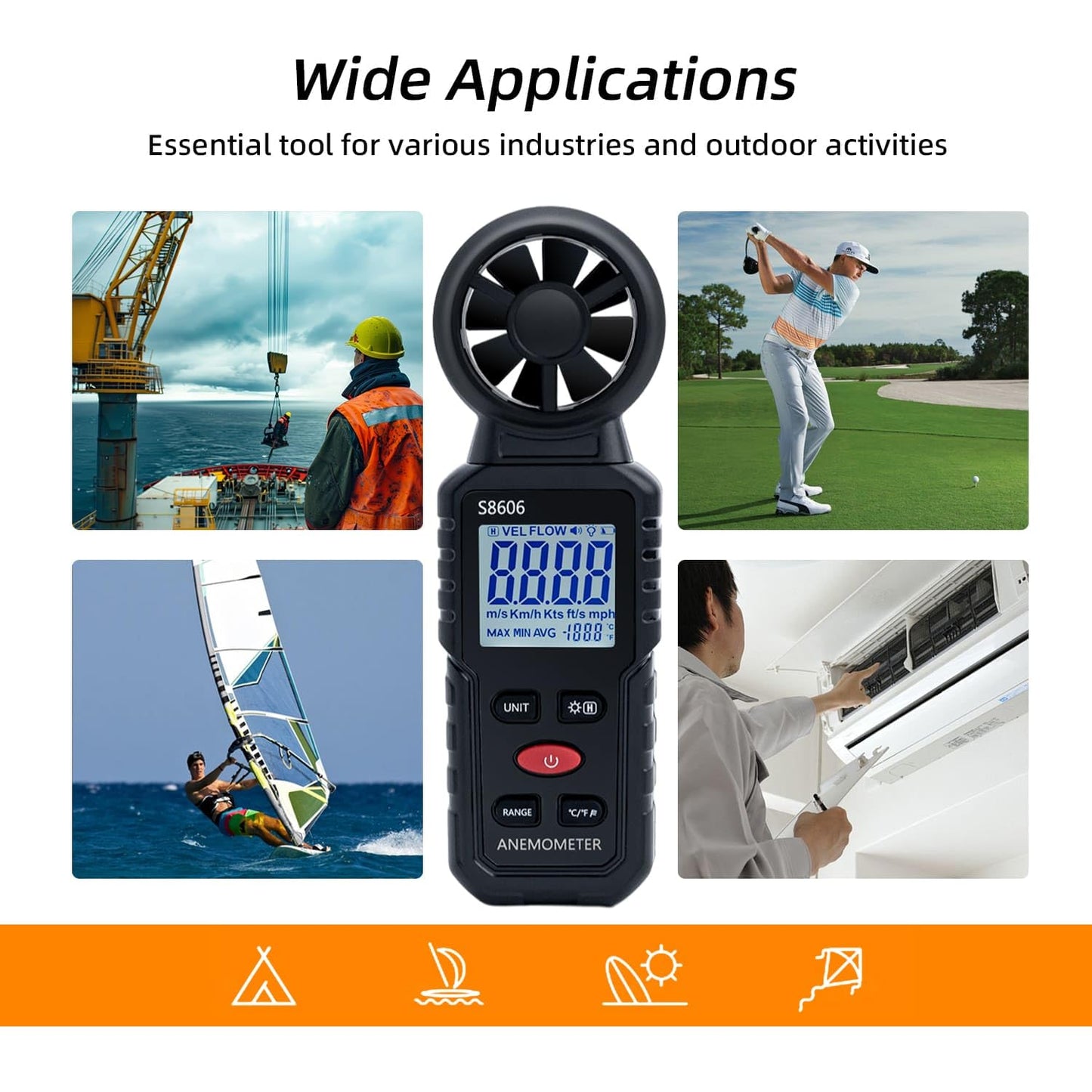 Mcbazel 3 in 1 Handheld Digital Anemometer Wind Speed Meter for measuring wind speed, temperature, wind chill for HVAC, drones, sailing, fishing.