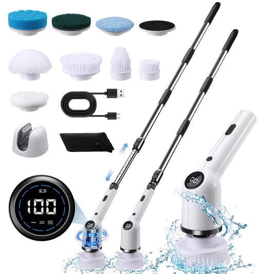 Electric cleaning brush, 9 IN 1 Spin Scrubber Cordless with 8 drill brushes heads, Acemall 152cm Adjustable Handle, 3 speeds for bathroom, bathtub, kitchen, floor, grooves.