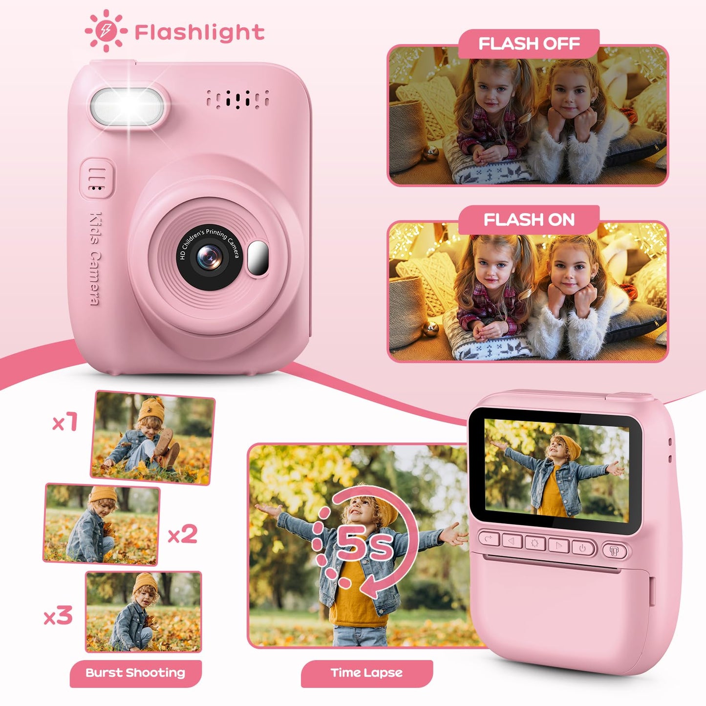 GREENKINDER Instant Camera for Kids, 14MP 3.0 Inch Screen Kids Camera Instant Camera with 32G Card, Printing Paper & Colored Pens, 1080P Kids Camera Instant Print, 3-12 Years