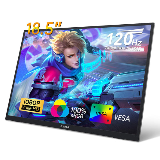 Jhcztrk 18.5 inch portable monitor 120Hz FHD 1080P HDMI USB-C, 100% sRGB, HDR gaming monitor. Built-in speakers, kickstand, and VESA travel. Ideal second screen for laptop, Mac, PC, Xbox, PS4/5, Switch.