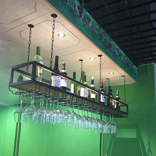 DSVONAUS Ceiling Shelf Wine Rack with Glass Holder, Hanging Metal Wine Bottle Holder, Adjustable Height Industrial Ceiling Wine Rack, Ceiling Decor Shelf for Bars, Restaurants, Kitchens (60×25×100cm)