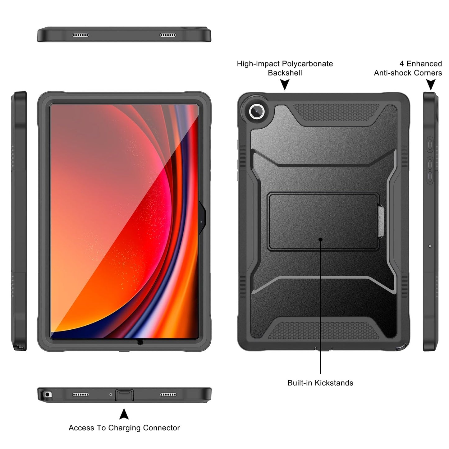 Shockproof case for Samsung Galaxy Tab A9 Plus 2023 with built-in screen protector and stand, sturdy full body protective case for Galaxy Tab A9+ 11-inch tablet [SM-X210/X216/X218], Black.