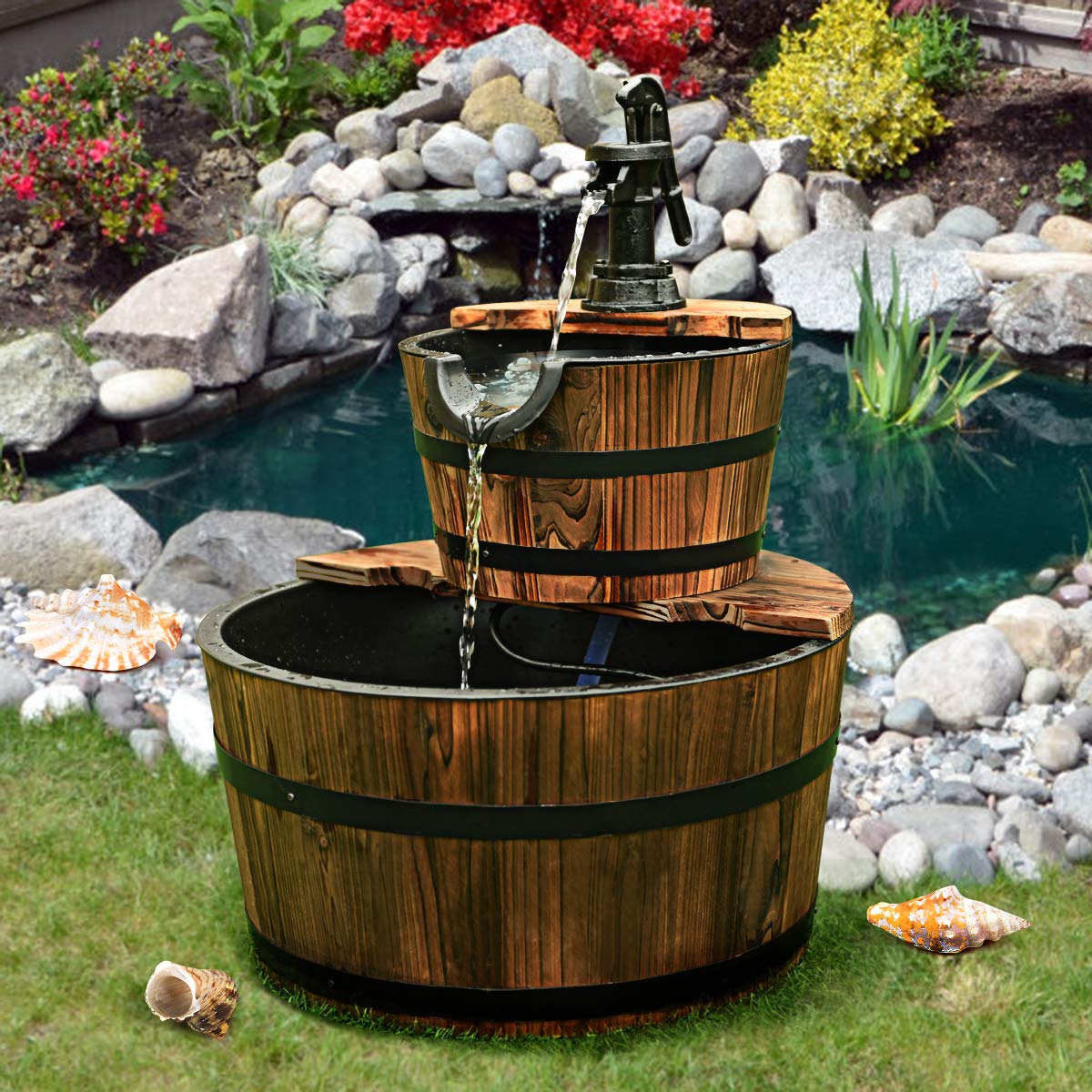 COSTWAY Wooden Fountain, Garden Fountain with Pump, Wood Barrel Ornamental Fountain, for Garden Lawn Terrace Backyard, Fountain Garden Decoration, Brown, Ø 44.5 x 61 cm